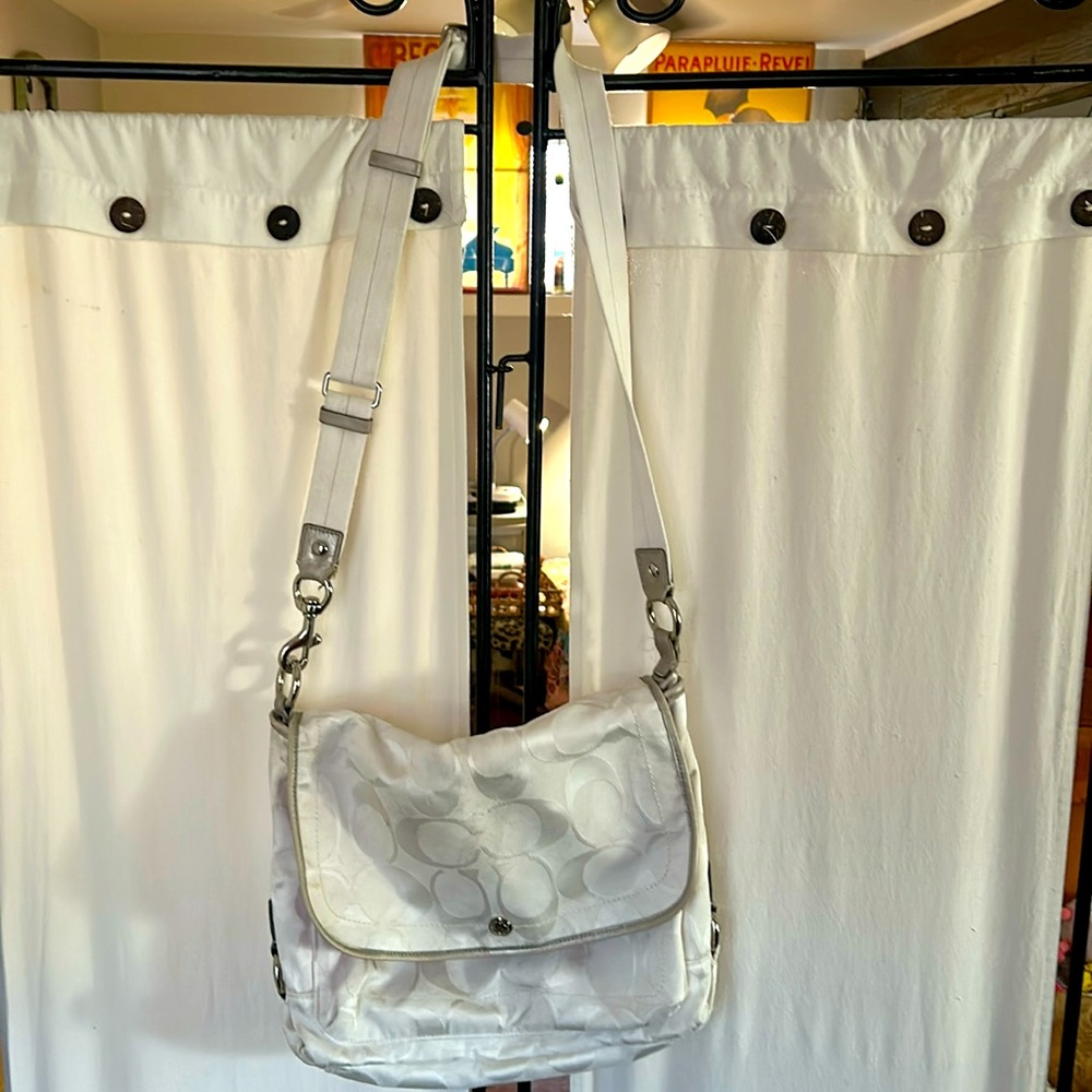 White fabric Coach bag w/silver accessories